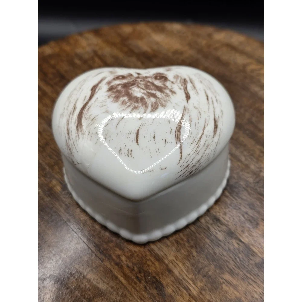 heart-shaped Pekingese Dog porcelain collectible Trinket Box